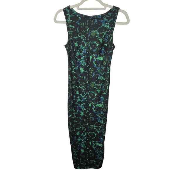 H&M Green Blue Print Sheath Midi Dress XS (2) Sleeveless - Picture 1 of 15